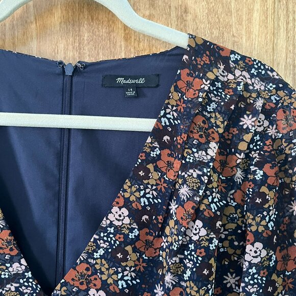 Madewell | Orchard Floral Flutter Sleeve Mini Dress | Navy, Brown, Size 14 - Picture 3 of 10
